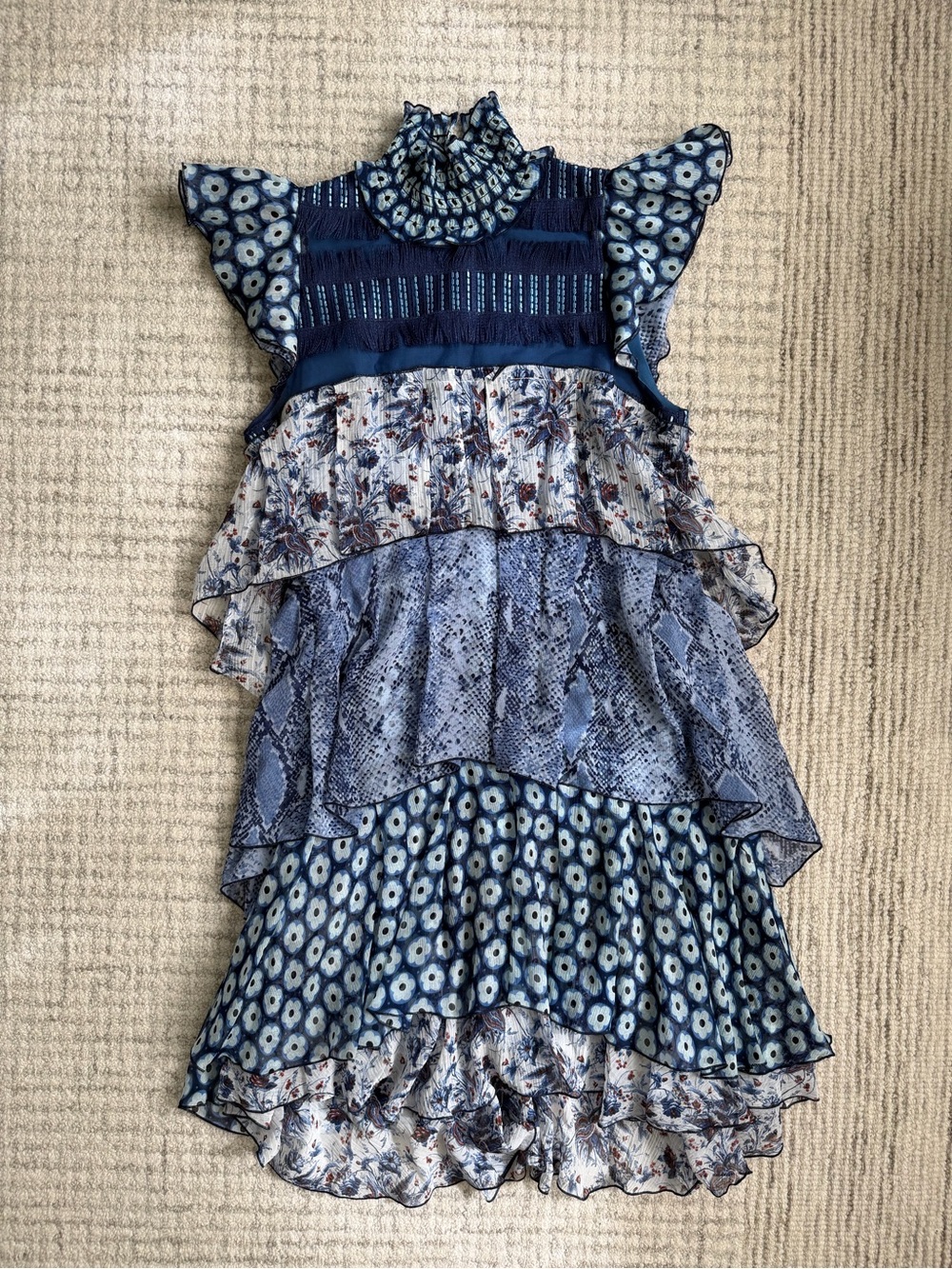 Diane Von Furstenberg Navy and Light Blue Tiered Ruffle Dress
